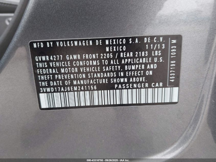 2014 Volkswagen Jetta 1.8T Se VIN: 3VWD17AJ6EM241156 Lot: 43316758
