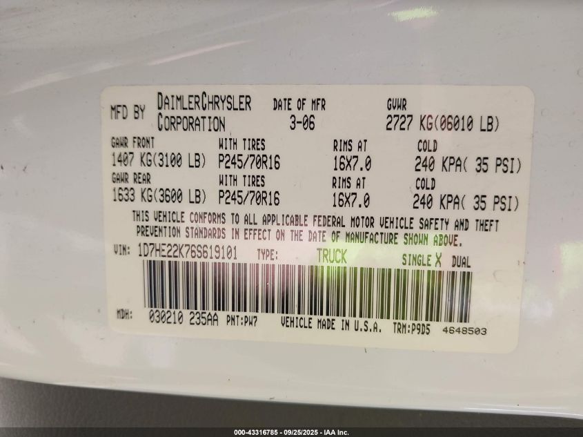 2006 Dodge Dakota St VIN: 1D7HE22K76S619101 Lot: 43316785