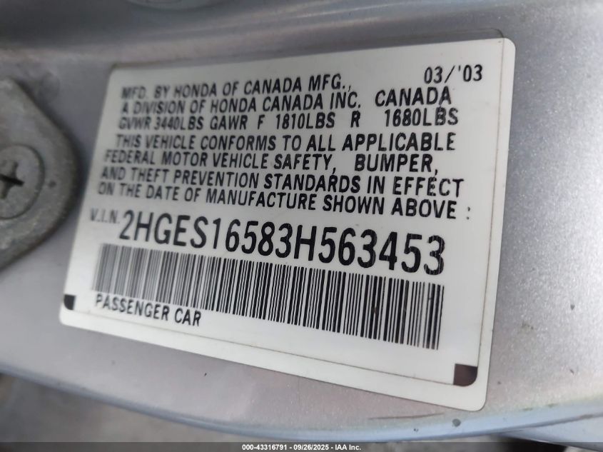 2003 Honda Civic Lx VIN: 2HGES16583H563453 Lot: 43316791