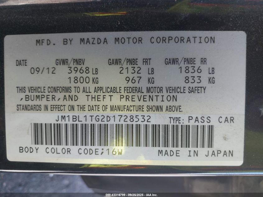 2013 Mazda Mazda3 I Sv VIN: JM1BL1TG2D1728532 Lot: 43316799