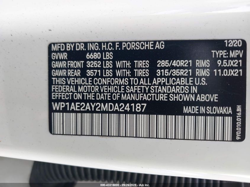 2021 Porsche Cayenne E-Hybrid VIN: WP1AE2AY2MDA24187 Lot: 43316800