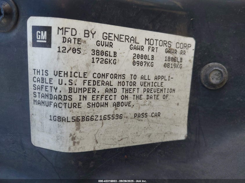 2006 Saturn Ion 3 VIN: 1G8AL55B66Z165536 Lot: 43316803