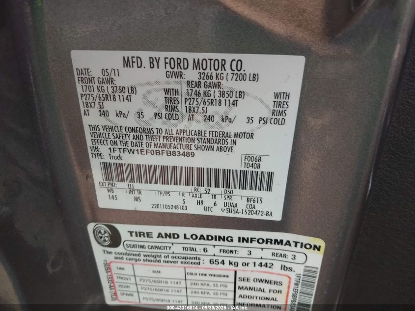 2011 Ford F-150 Xlt VIN: 1FTFW1EF0BFB83489 Lot: 43316814