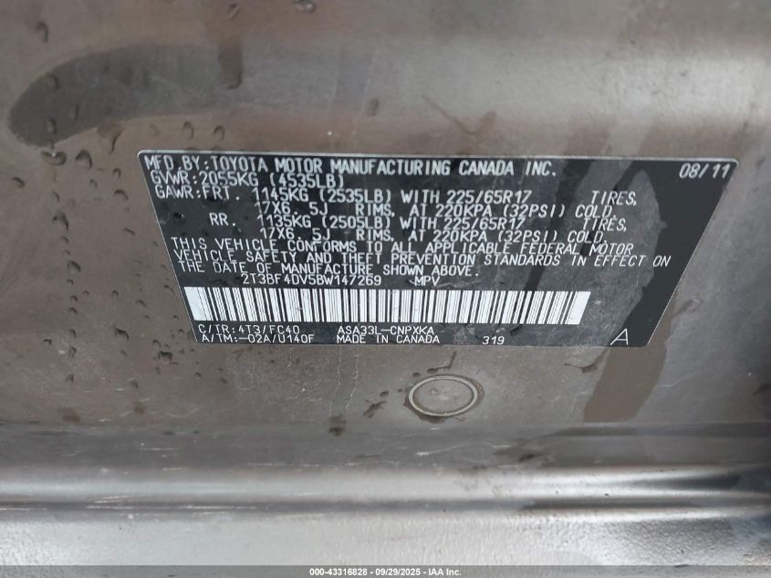 2011 Toyota Rav4 VIN: 2T3BF4DV5BW147269 Lot: 43316828