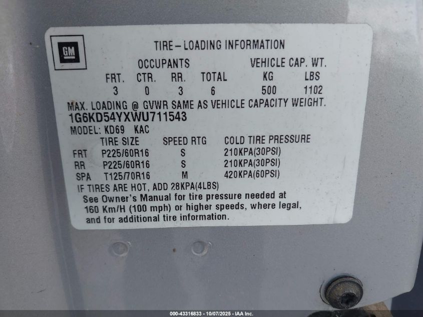 1998 Cadillac Deville Standard VIN: 1G6KD54YXWU711543 Lot: 43316833