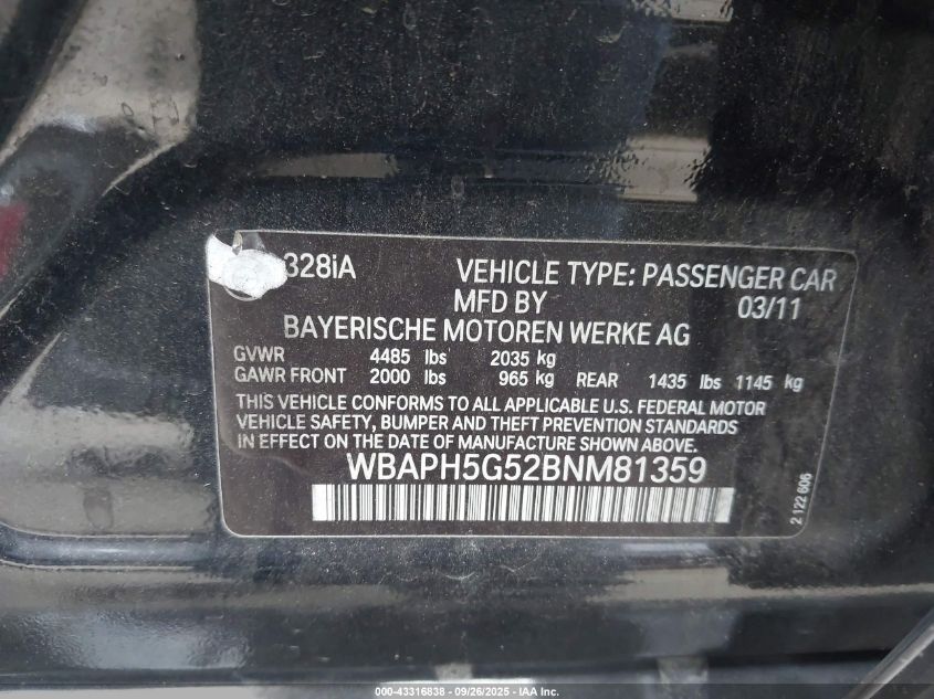 2011 BMW 328I VIN: WBAPH5G52BNM81359 Lot: 43316838