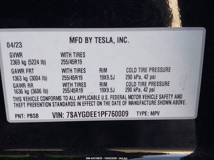 2023 Tesla Model Y Awd/Long Range Dual Motor All-Wheel Drive VIN: 7SAYGDEE1PF760009 Lot: 43316839