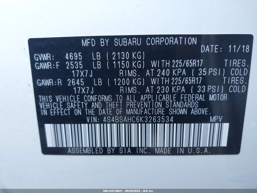 2019 SUBARU OUTBACK 2.5I PREMIUM - 4S4BSAHC6K3263534