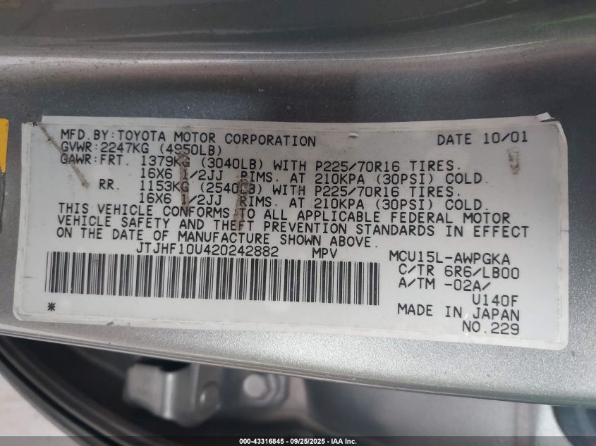 2002 Lexus Rx 300 VIN: JTJHF10U420242882 Lot: 43316845