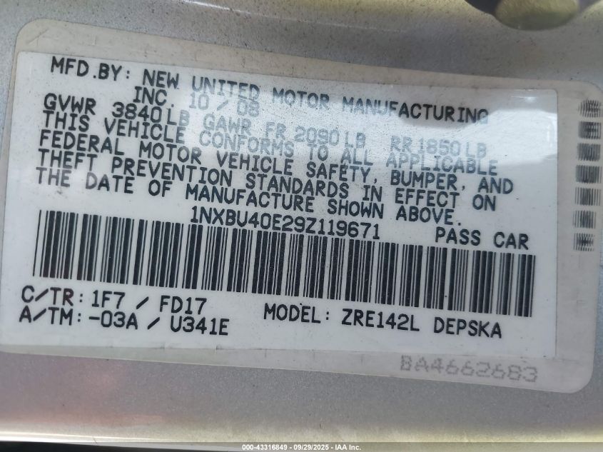 2009 Toyota Corolla S VIN: 1NXBU40E29Z119671 Lot: 43316849