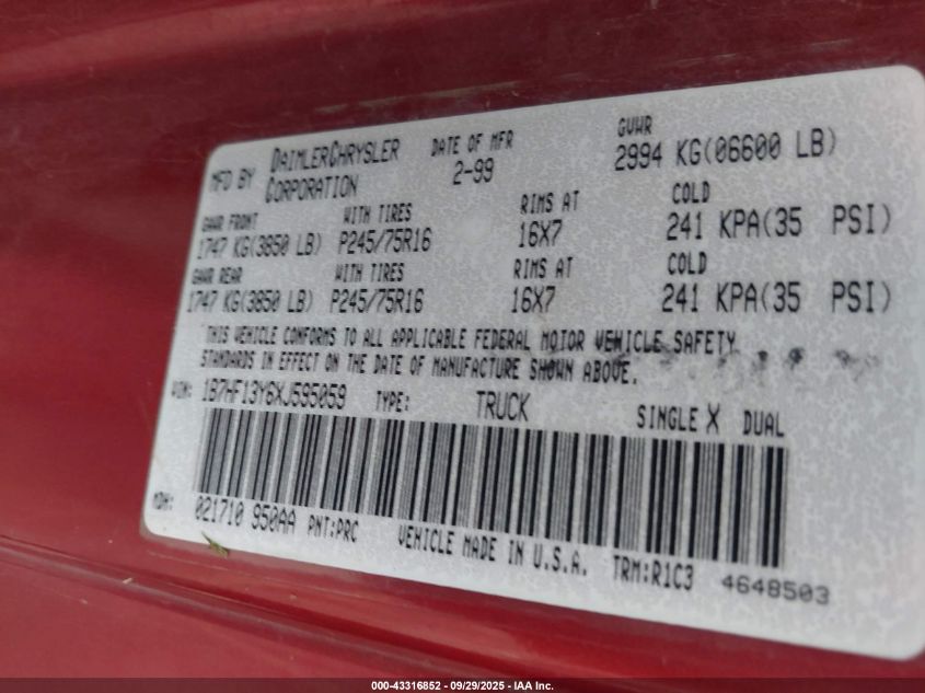 1999 Dodge Ram 1500 St VIN: 1B7HF13Y6XJ595059 Lot: 43316852
