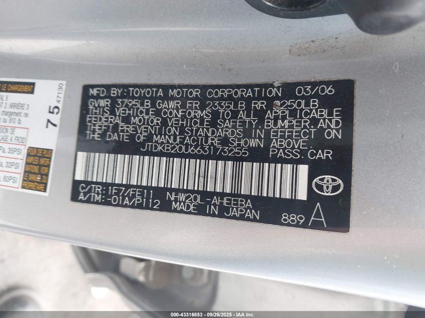 2006 Toyota Prius VIN: JTDKB20U663173255 Lot: 43316853