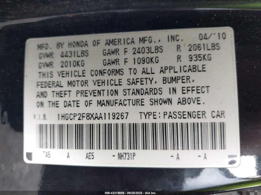 2010 Honda Accord 2.4 Ex-L VIN: 1HGCP2F8XAA119267 Lot: 43316856