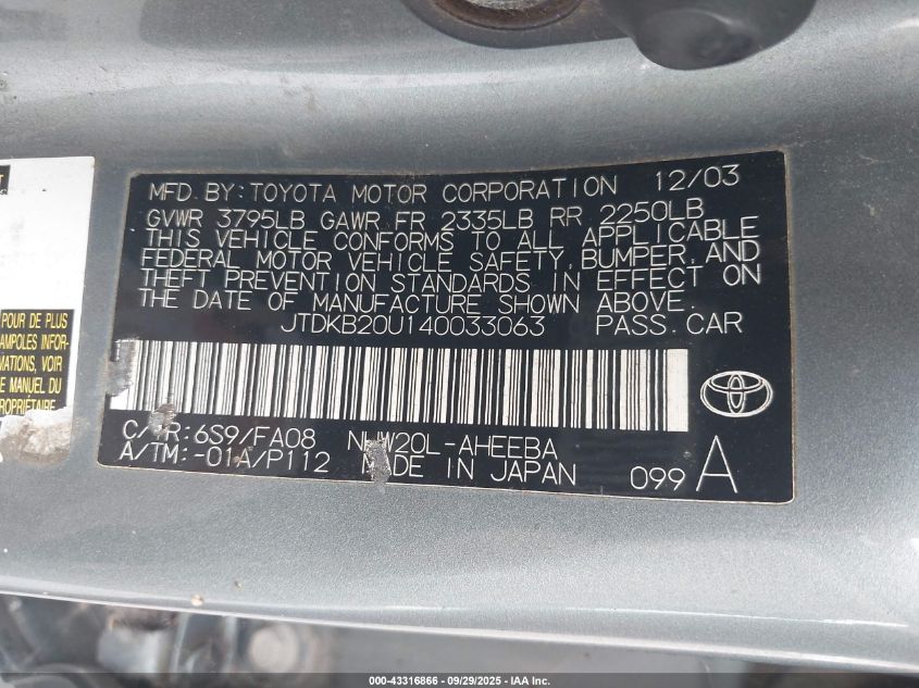 2004 Toyota Prius VIN: JTDKB20U140033063 Lot: 43316866