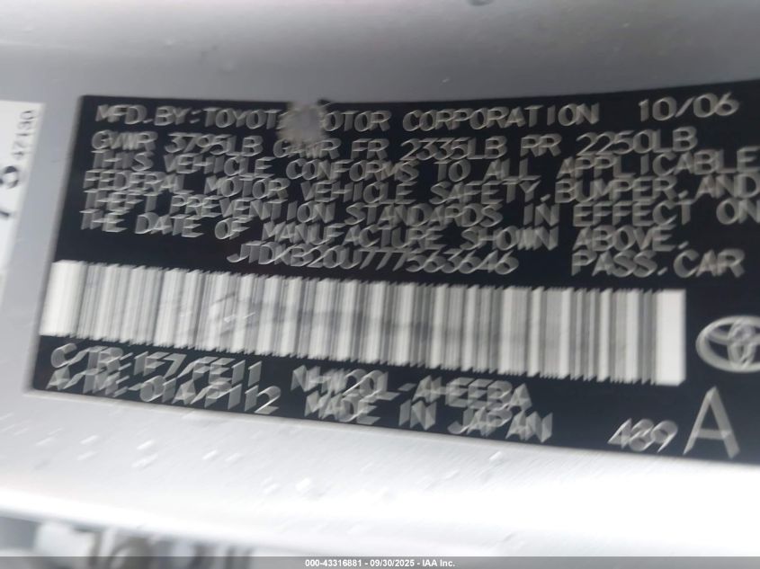 2007 Toyota Prius VIN: JTDKB20U777563646 Lot: 43316881