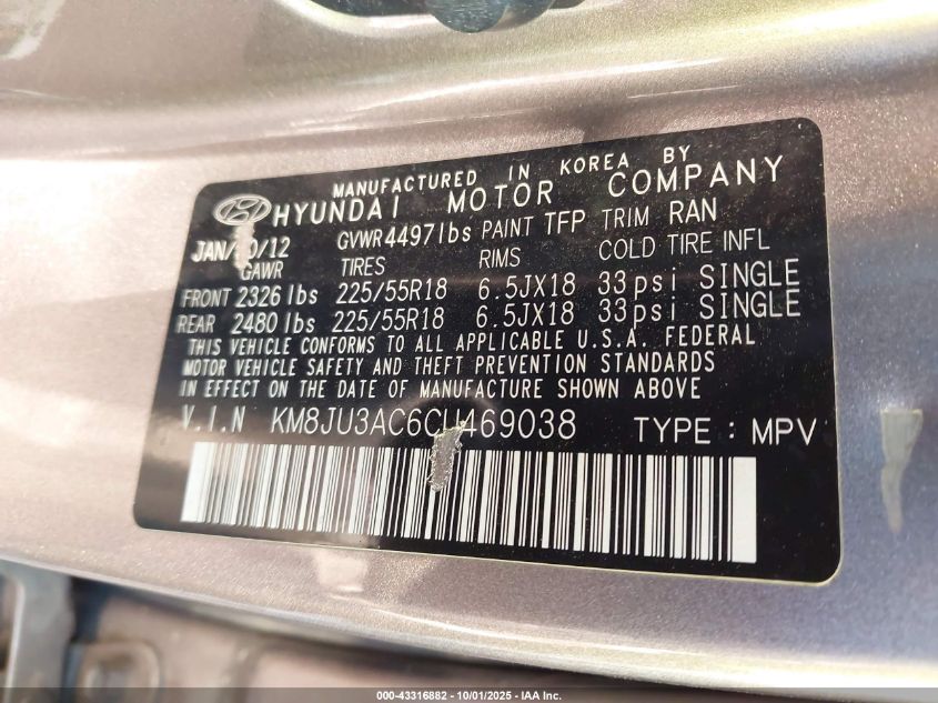 2012 Hyundai Tucson Limited VIN: KM8JU3AC6CU469038 Lot: 43316882