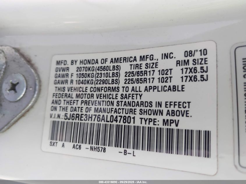 2010 Honda Cr-V Exl VIN: 5J6RE3H76AL047801 Lot: 43316890