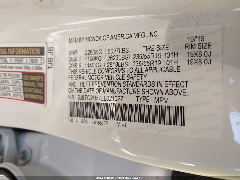 2020 Acura Rdx Technology Package VIN: 5J8TC2H57LL021027 Lot: 43316903