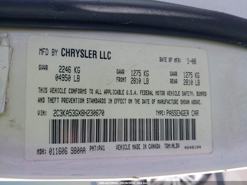 2008 Chrysler 300 Touring VIN: 2C3KA53GX8H230670 Lot: 43316906