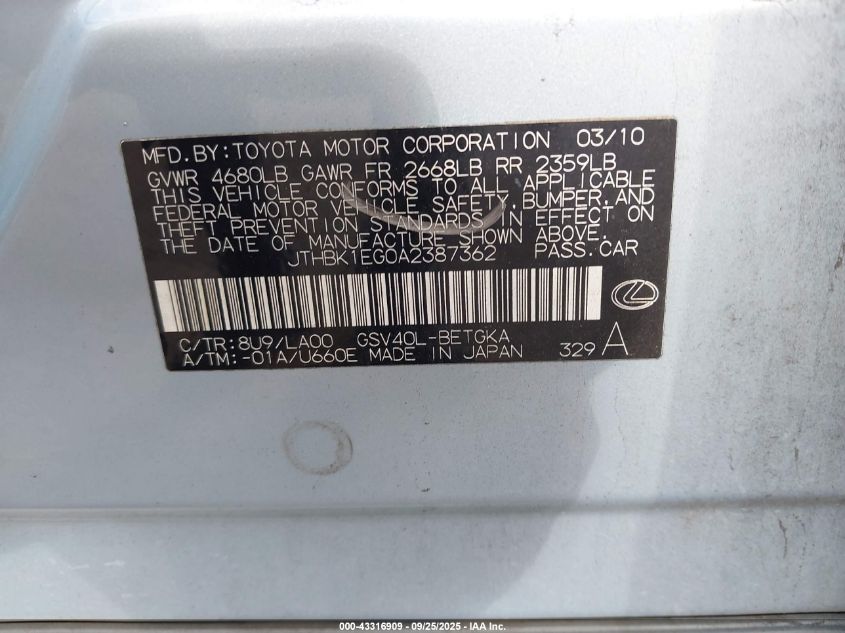 2010 Lexus Es 350 VIN: JTHBK1EG0A2387362 Lot: 43316909