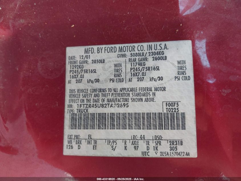 2002 Ford Ranger Edge/Xlt VIN: 1FTZR45U82TA32695 Lot: 43316920