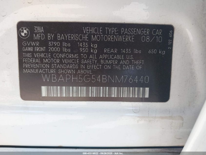 2011 BMW 328I VIN: WBAPH5G54BNM76440 Lot: 43316922