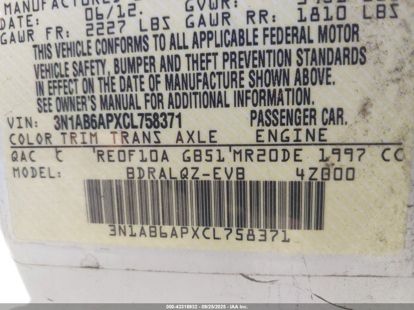 2012 Nissan Sentra 2.0 VIN: 3N1AB6APXCL758371 Lot: 43316932