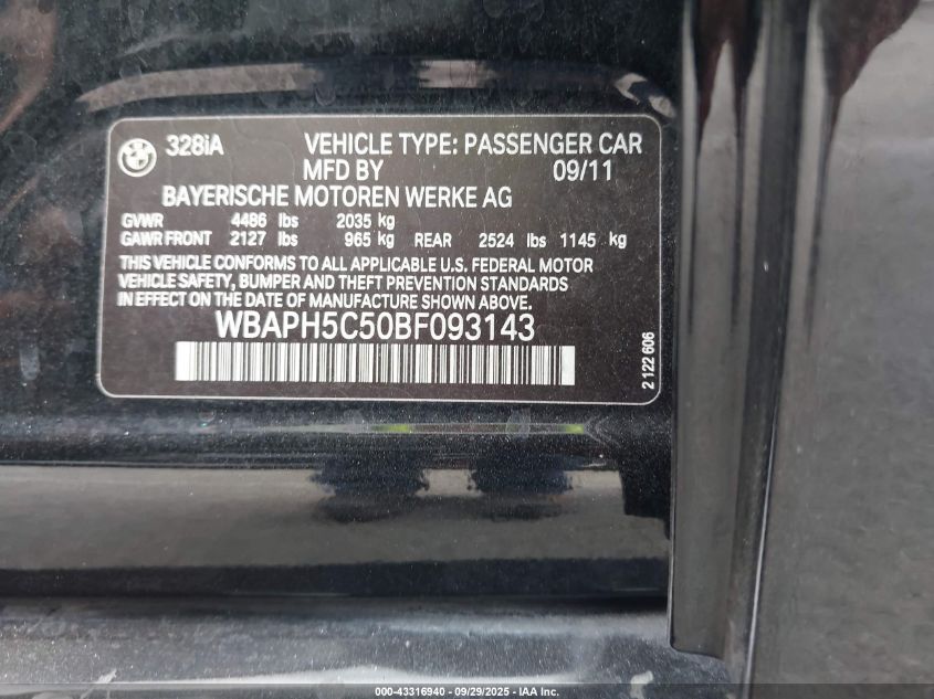 2011 BMW 328I VIN: WBAPH5C50BF093143 Lot: 43316940