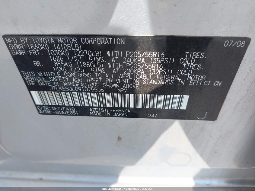 2009 Scion Xb VIN: JTLKE50E091075506 Lot: 43316941