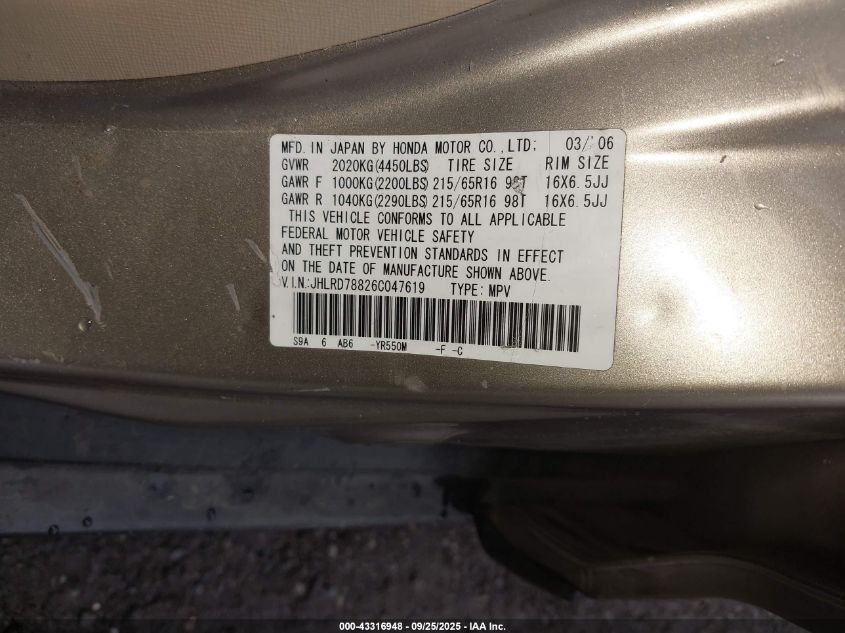 2006 Honda Cr-V Ex VIN: JHLRD78826C047619 Lot: 43316948