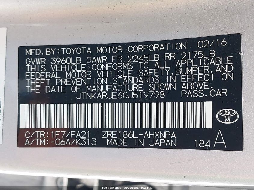 2016 Scion Im VIN: JTNKARJE6GJ519798 Lot: 43316956