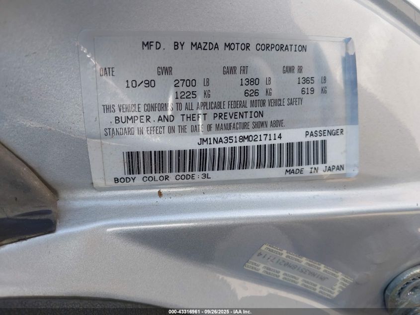 1991 Mazda Mx-5 Miata VIN: JM1NA3518M0217114 Lot: 43316961
