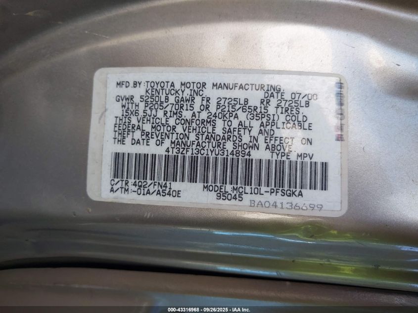 2000 Toyota Sienna Le VIN: 4T3ZF13C1YU314894 Lot: 43316968