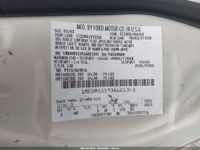 2003 Mercury Sable Ls Premium VIN: 1MEHM55S93A621345 Lot: 43316974