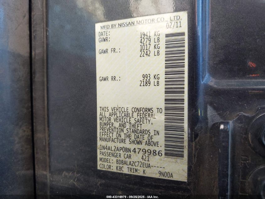 2011 Nissan Altima 2.5 VIN: 1N4AL2AP0BN479986 Lot: 43316979