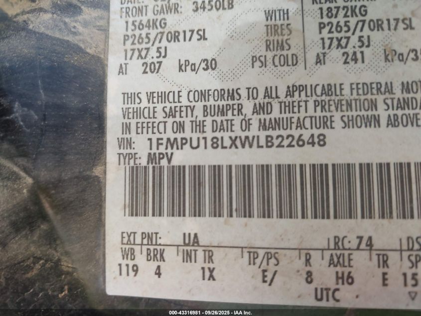 1998 Ford Expedition Eddie Bauer/Xlt VIN: 1FMPU18LXWLB22648 Lot: 43316981