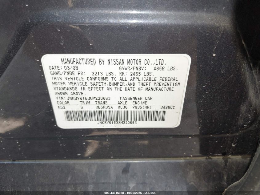 2008 Infiniti G35 Journey VIN: JNKBV61E38M220663 Lot: 43316988