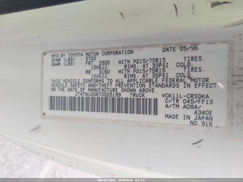 1996 Toyota T100 Xtracab VIN: JT4TN12D6T0025199 Lot: 43316991