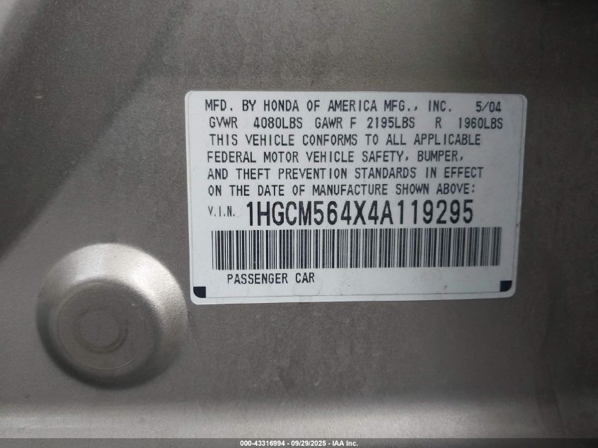 2004 Honda Accord 2.4 Lx VIN: 1HGCM564X4A119295 Lot: 43316994