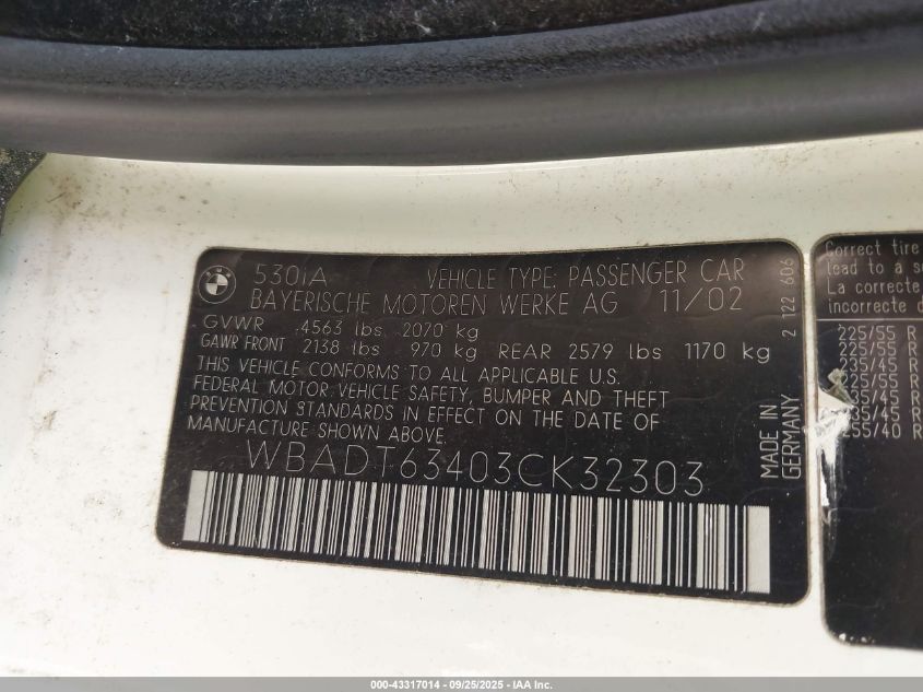 2003 BMW 530Ia VIN: WBADT63403CK32303 Lot: 43317014