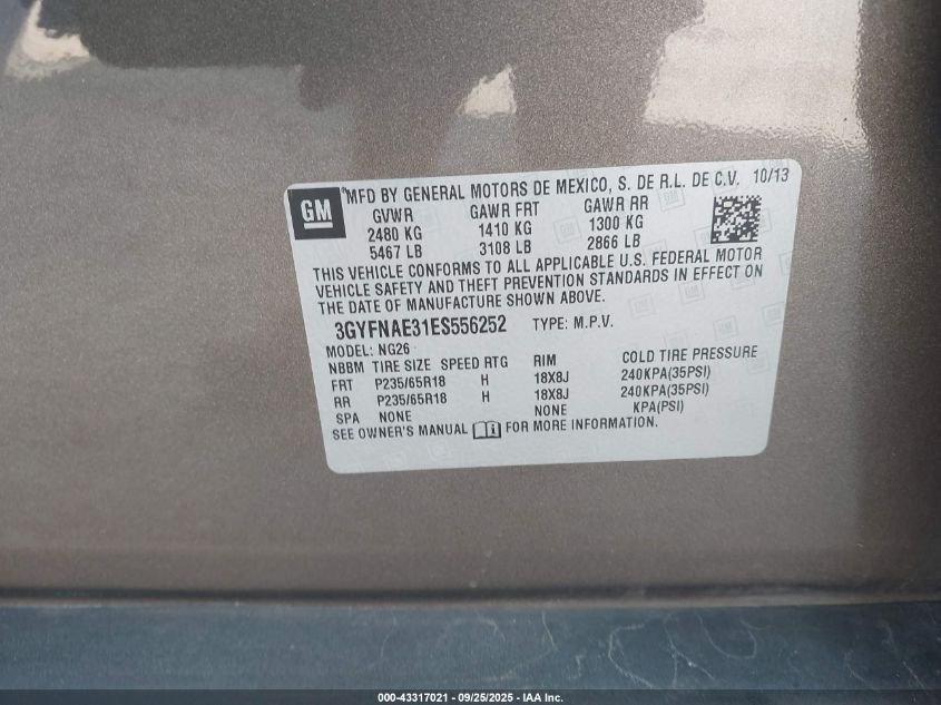 2014 Cadillac Srx Standard VIN: 3GYFNAE31ES556252 Lot: 43317021