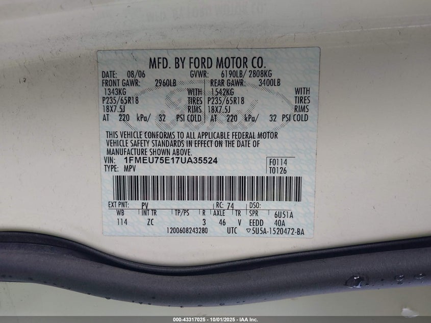 2007 Ford Explorer Limited VIN: 1FMEU75E17UA35524 Lot: 43317025