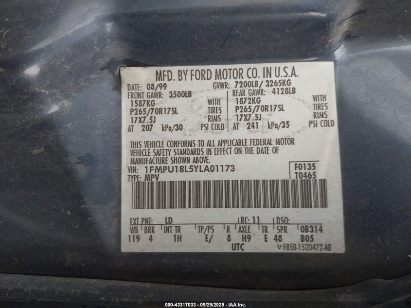 2000 Ford Expedition Eddie Bauer VIN: 1FMPU18L5YLA01173 Lot: 43317033