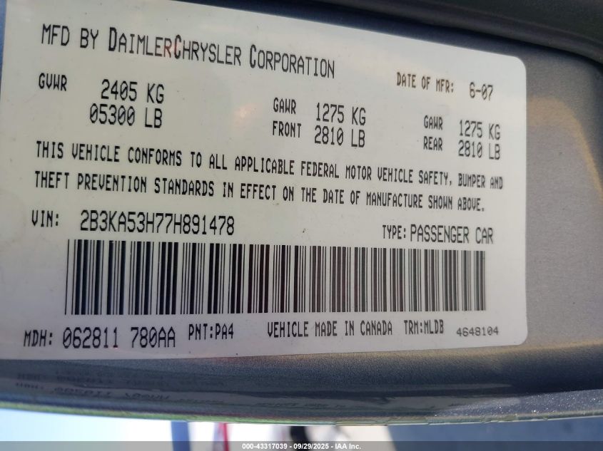 2007 Dodge Charger Rt VIN: 2B3KA53H77H891478 Lot: 43317039