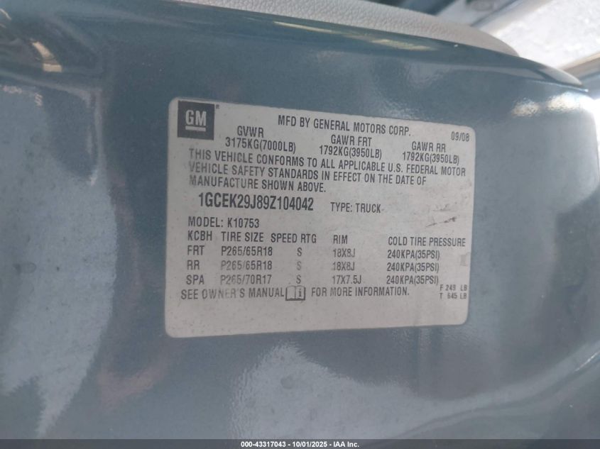 2009 Chevrolet Silverado 1500 Lt VIN: 1GCEK29J89Z104042 Lot: 43317043