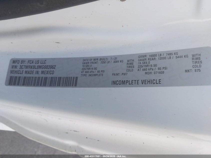 2021 Ram 4500 Chassis Tradesman/Slt VIN: 3C7WRKBL8MG683962 Lot: 43317051