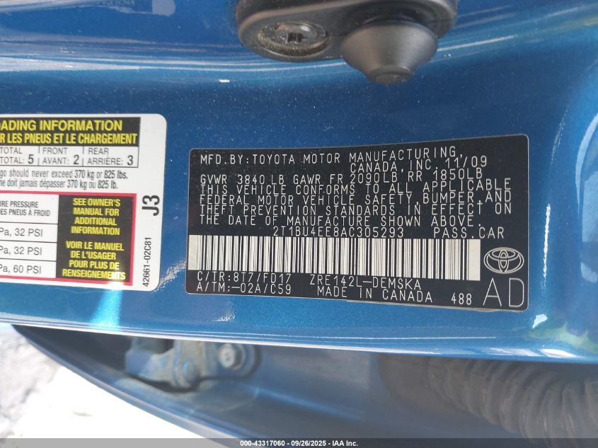 2010 Toyota Corolla S VIN: 2T1BU4EE8AC305293 Lot: 43317060