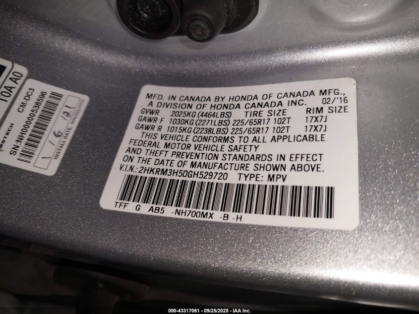 2016 Honda Cr-V Ex VIN: 2HKRM3H50GH529720 Lot: 43317061