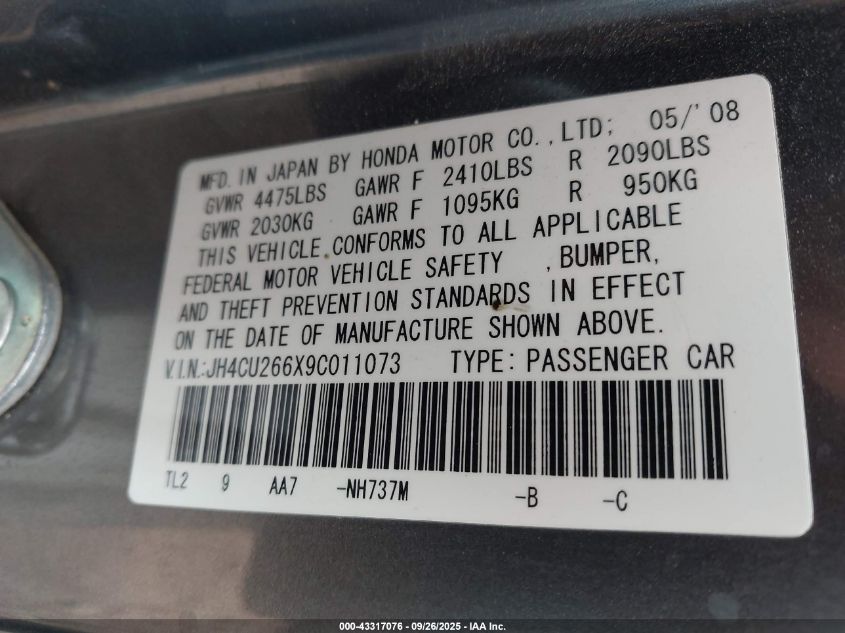 2009 Acura Tsx VIN: JH4CU266X9C011073 Lot: 43317076
