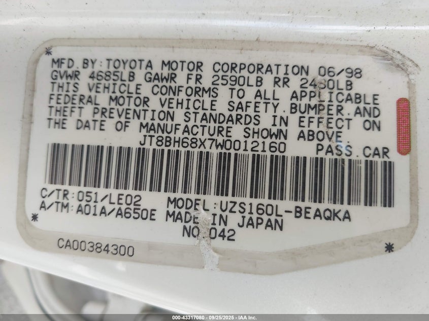 1998 Lexus Gs 400 VIN: JT8BH68X7W0012160 Lot: 43317080